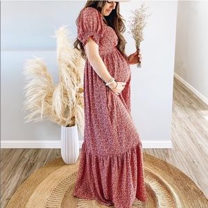 Pink Blush Floral Maxi Dress Ruffles Puff Sleeves Maternity Photoshoot Pregnancy